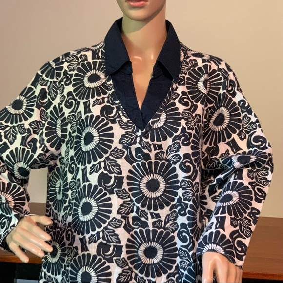 Flax Blue Floral Linen Tunic Top Blouse L Lagenlook Beach Resort Coastal - Picture 2 of 16